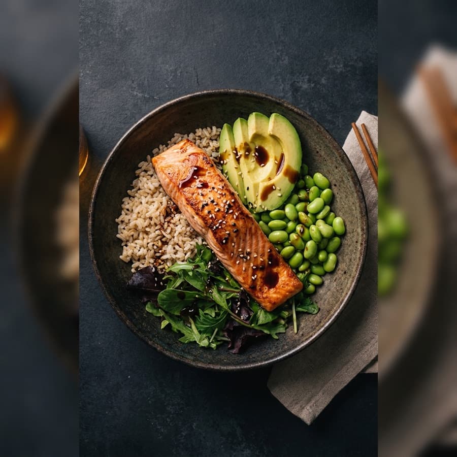 A grilled salmon bowl being scanned by Calerio