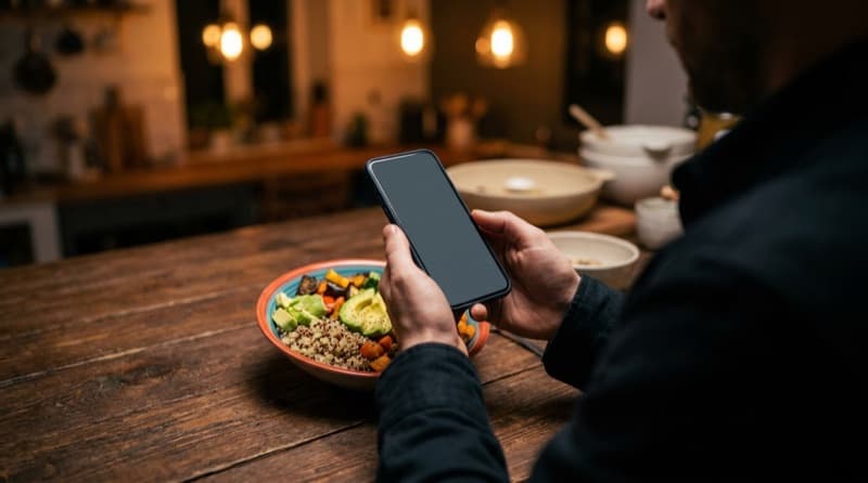 Someone photographing a plate of food with a phone