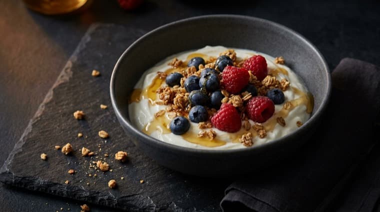 A breakfast bowl photographed from above