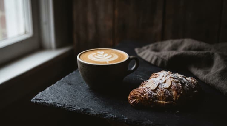 A snack and a coffee on a counter